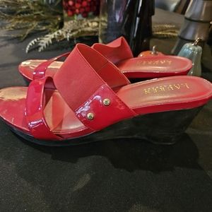 LAUREN Ralph Lauren red wedge sandals double straps. Super comfortable